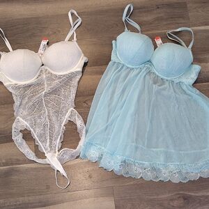La Vie En Rose White Lace Bodysuit and Blue Babydoll Set